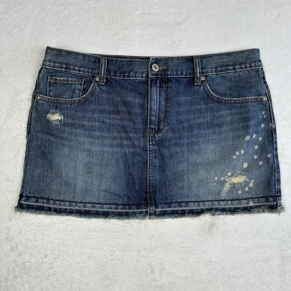 Y2K Old Navy Womens Ultra Low Rise Denim Mini Skirt Distressed Blue Size 12